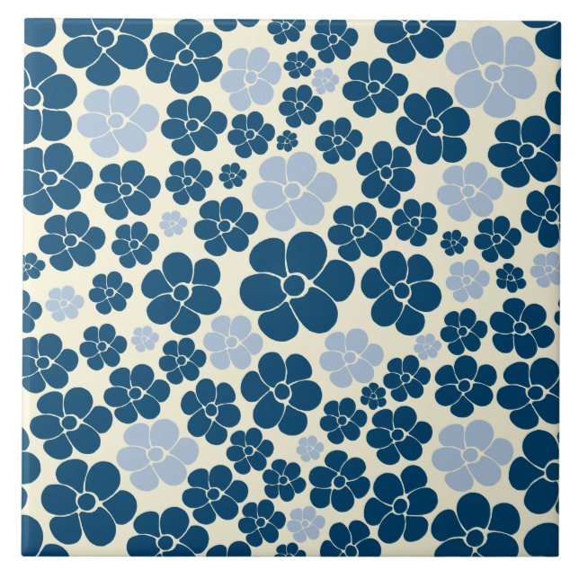 Flower Pattern - Dark Blue, Light Blue and Cream Ceramic Tile (Front)