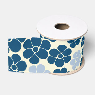 Flower Pattern - Dark Blue, Light Blue and Cream Grosgrain Ribbon