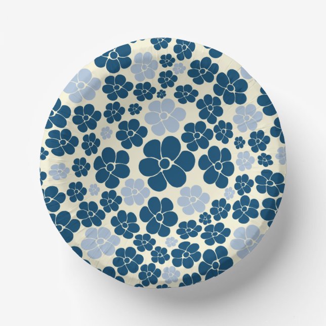Flower Pattern - Dark Blue, Light Blue and Cream Paper Plate (Front)