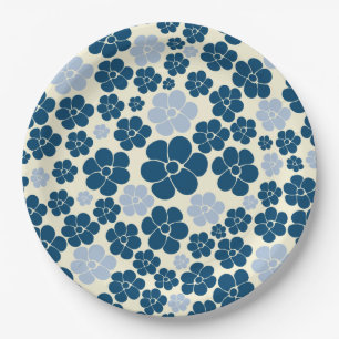 Flower Pattern - Dark Blue, Light Blue and Cream Paper Plate