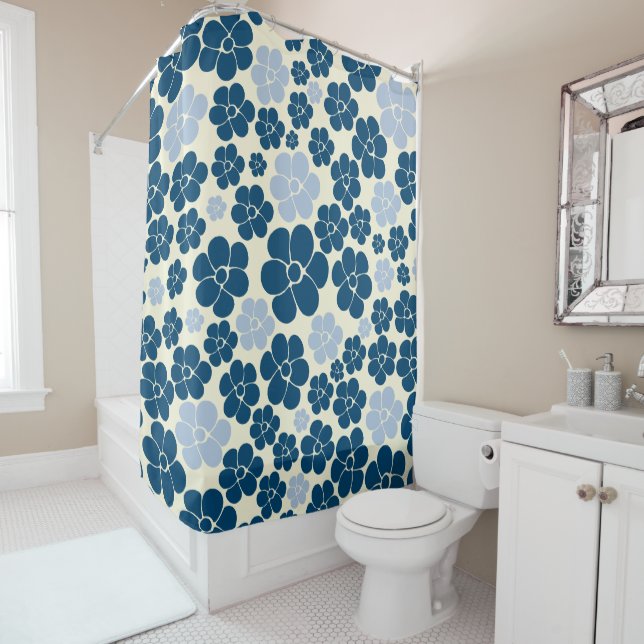Flower Pattern - Dark Blue, Light Blue and Cream Shower Curtain (In Situ)
