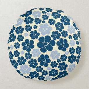 Flower Pattern - Dark Blue, Light Blue and Cream T Round Cushion