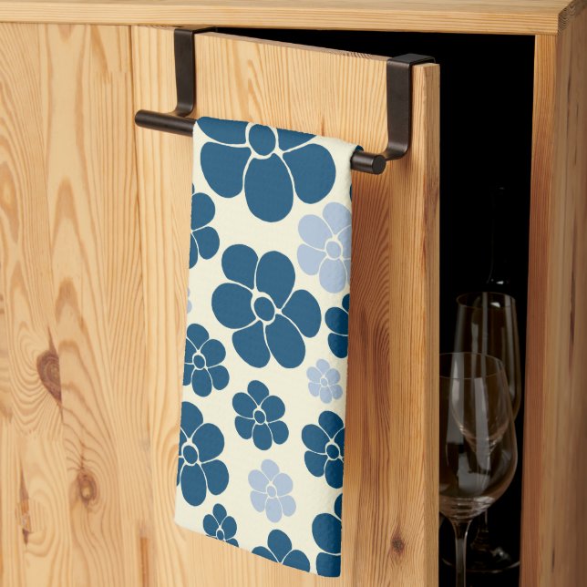 Flower Pattern - Dark Blue, Light Blue and Cream Tea Towel (Thirds Fold)