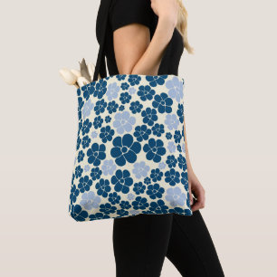 Flower Pattern - Dark Blue, Light Blue and Cream Tote Bag