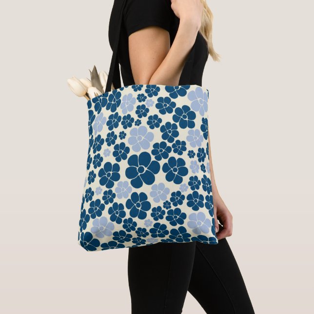 Flower Pattern - Dark Blue, Light Blue and Cream Tote Bag (Close Up)