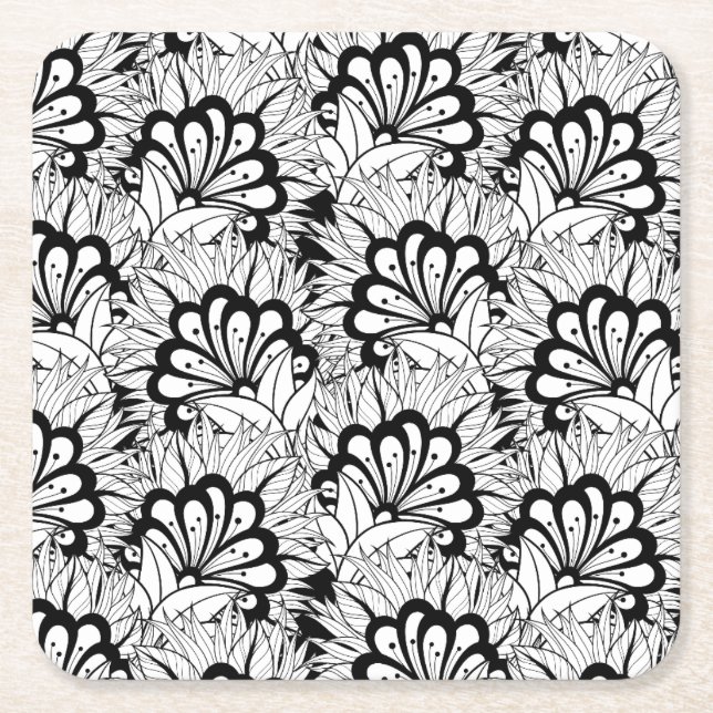 Flower Pattern Doodle Square Paper Coaster (Front)