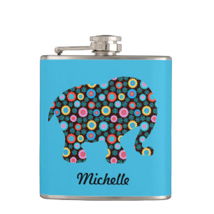 Flower Pattern Elephant on Blue Personalised Hip Flask