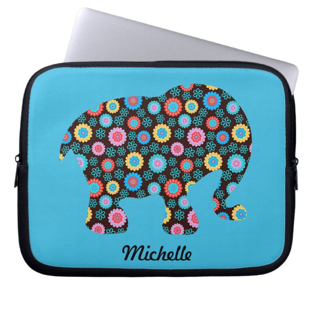 Flower Pattern Elephant on Blue Personalised Laptop Sleeve (Front)