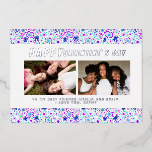Flower Pattern Galentine`s Day Friends 2 Photo Foil Holiday Card