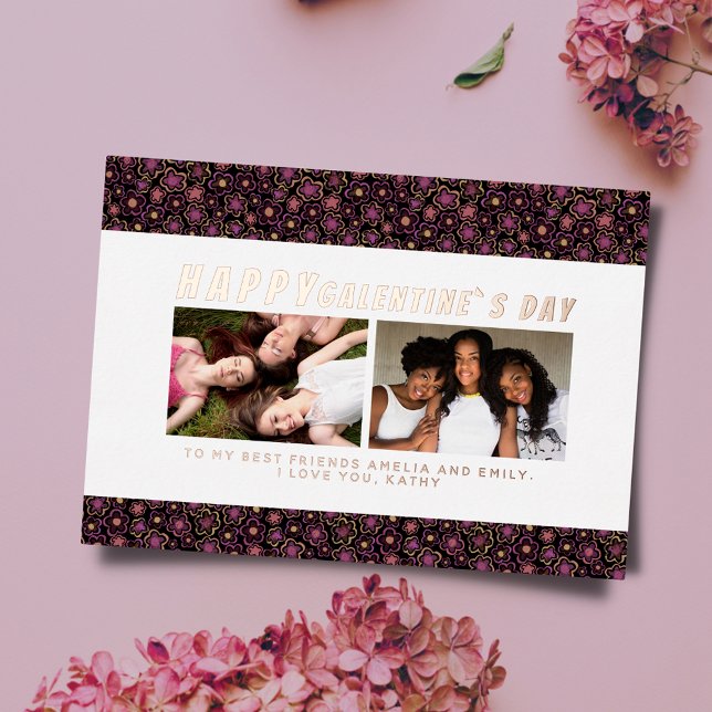 Flower Pattern Galentine`s Day Friends 2 Photo Foil Holiday Card (Creator Uploaded)
