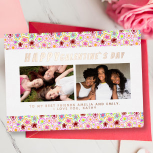 Flower Pattern Galentine`s Day Friends 2 Photo Foil Holiday Card