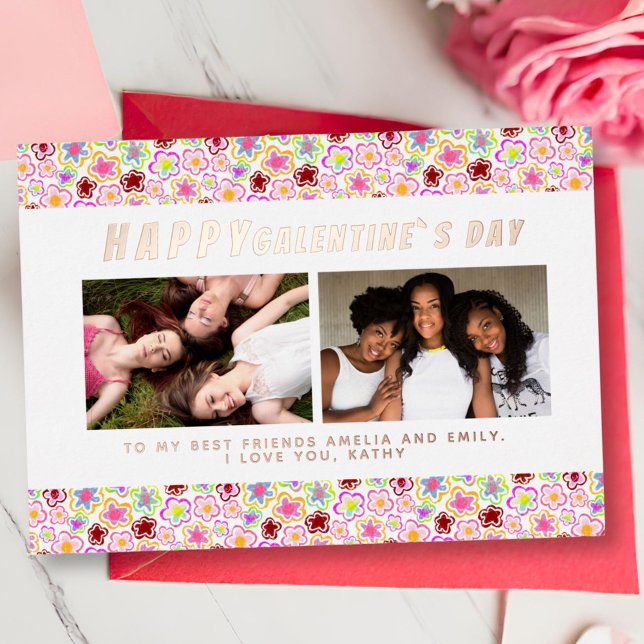 Flower Pattern Galentine`s Day Friends 2 Photo Foil Holiday Card (Creator Uploaded)