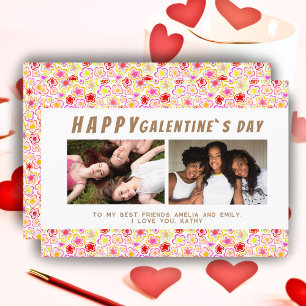 Flower Pattern Galentine`s Day Friends 2 Photo Holiday Card