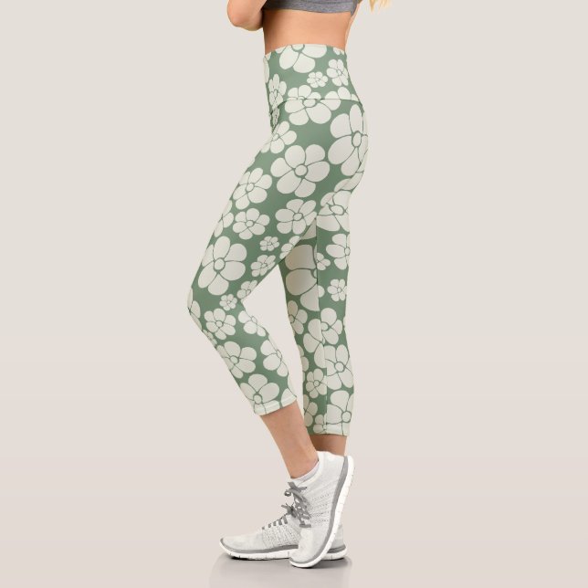 Flower Pattern - Green Capri Leggings (Left)
