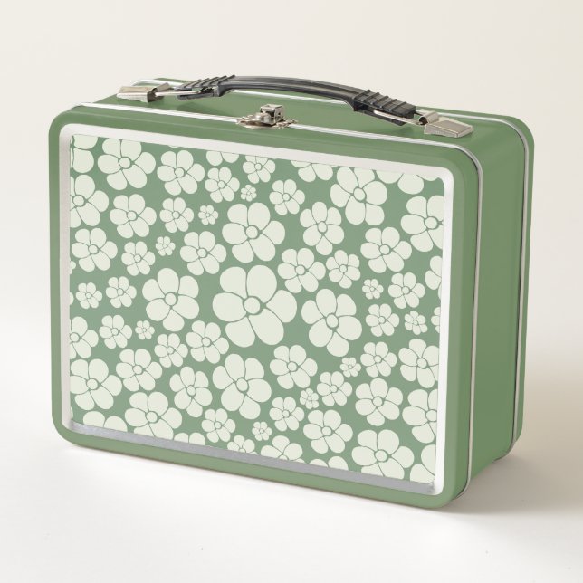Flower Pattern - Green Metal Lunch Box (Front)
