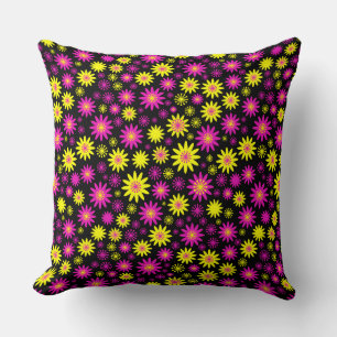 Flower Pattern - Hot Pink, Yellow and Black Cushion
