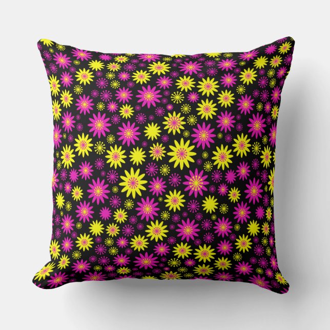 Flower Pattern - Hot Pink, Yellow and Black Cushion (Front)