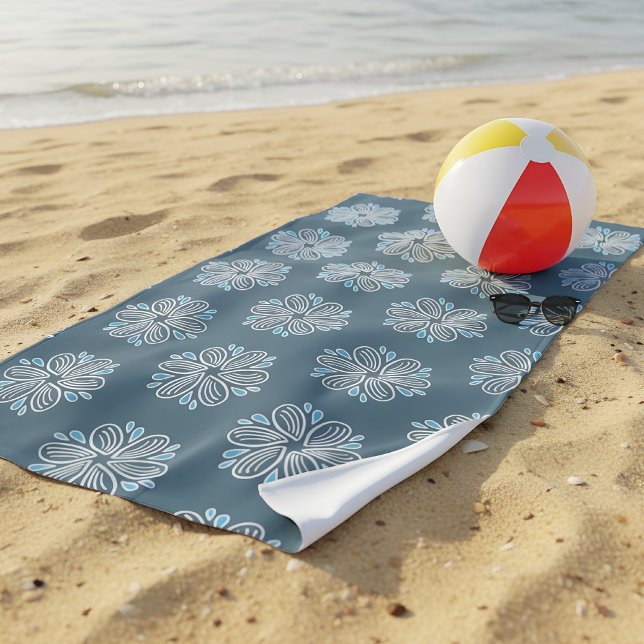 Flower Pattern in blue and white   Beach Towel (blue flower pattern beach towel)