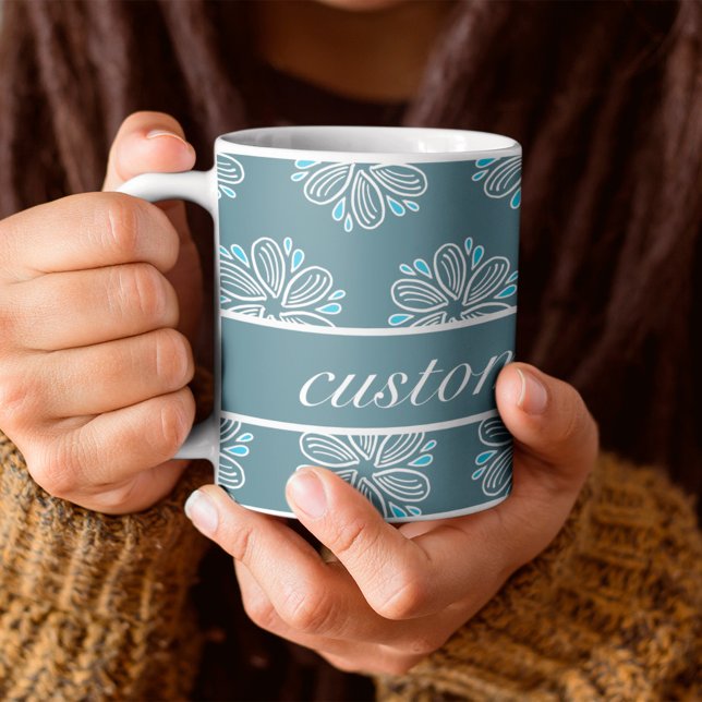 Flower Pattern in blue and white with text Coffee Mug (Creator Uploaded)