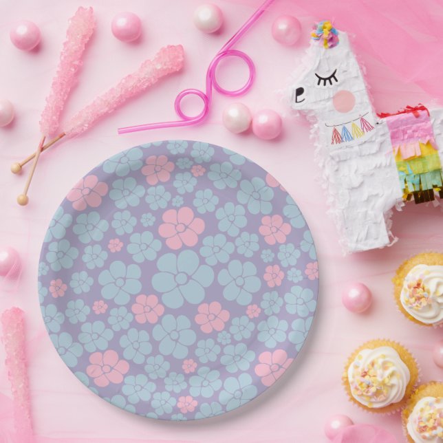 Flower Pattern in Blue, Lilac, and Pink Paper Plate (Party)