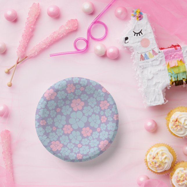 Flower Pattern in Blue, Lilac, and Pink Paper Plate (Party)