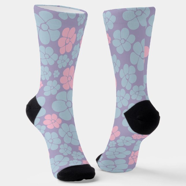 Flower Pattern in Blue, Lilac, and Pink Socks (Angled)