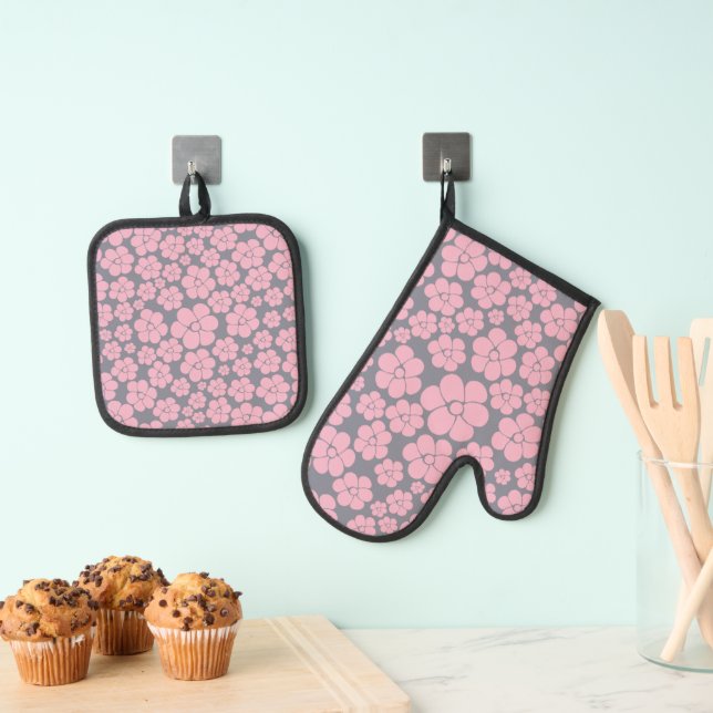 Flower Pattern in Grey and Pink Oven Mitt & Pot Holder Set (Insitu(Hanging))