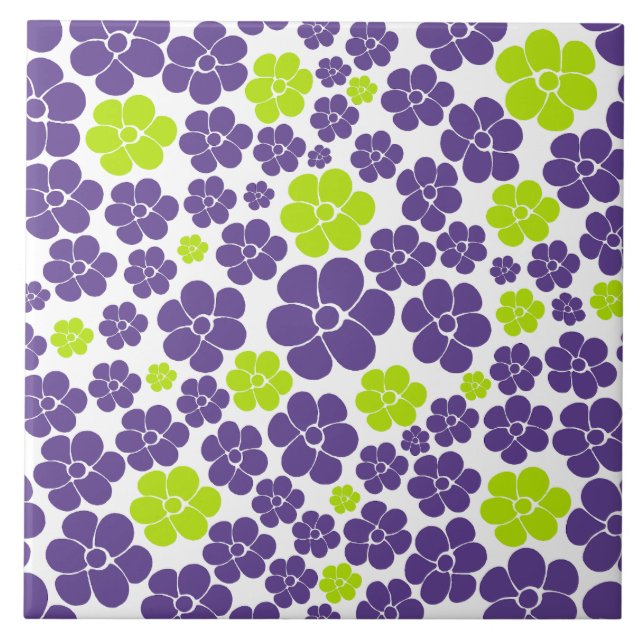 Flower Pattern in Lime Green and Purple Ceramic Tile (Front)