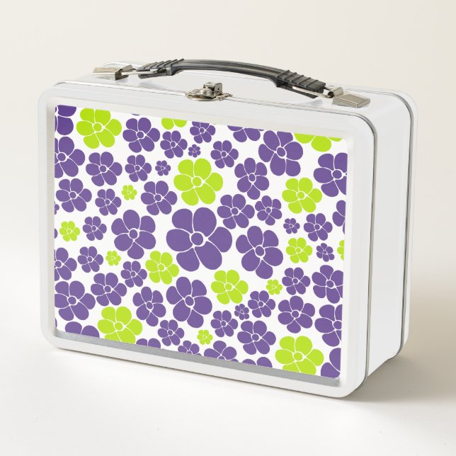 Flower Pattern in Lime Green and Purple Metal Lunch Box (Front)
