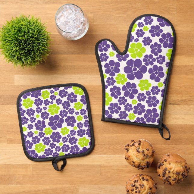 Flower Pattern in Lime Green and Purple Oven Mitt & Pot Holder Set (Top Down)