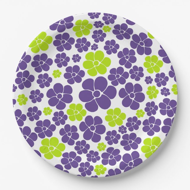 Flower Pattern in Lime Green and Purple Paper Plate (Front)