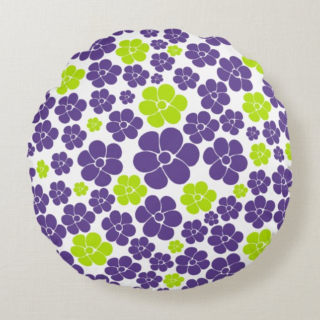 Flower Pattern in Lime Green and Purple Round Cushion (Front)