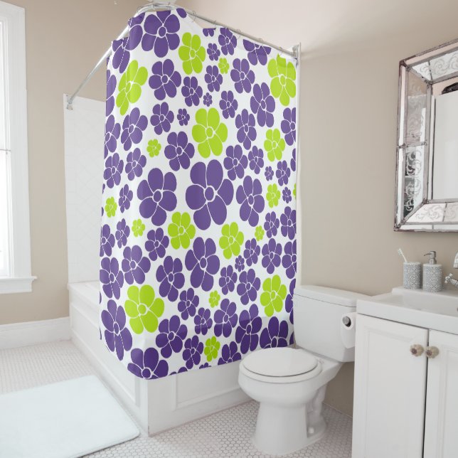Flower Pattern in Lime Green and Purple Shower Curtain (In Situ)