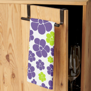 Flower Pattern in Lime Green and Purple Tea Towel