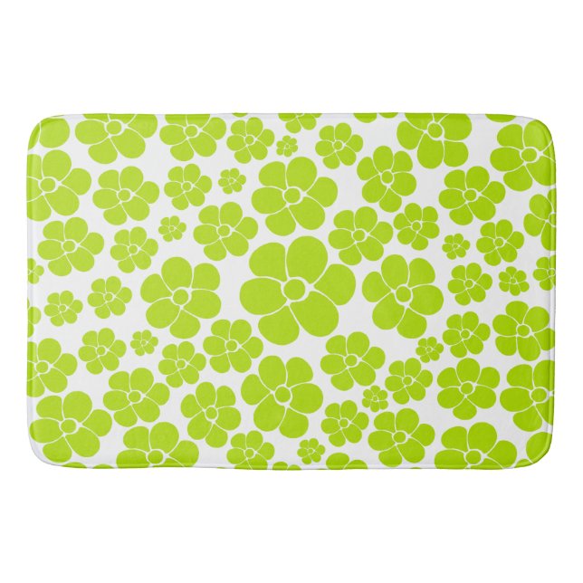 Flower Pattern in Lime Green and White  Bath Mat (Front)