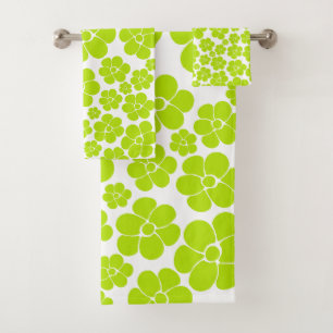 Flower Pattern in Lime Green and White  Bath Towel Set