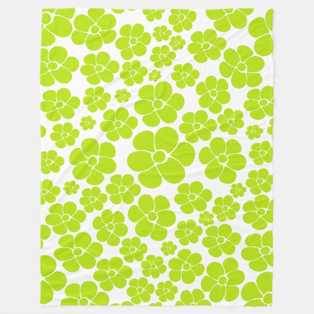 Flower Pattern in Lime Green and White  Fleece Blanket (Front)