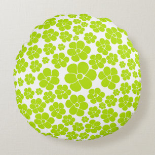 Flower Pattern in Lime Green and White  Round Cushion