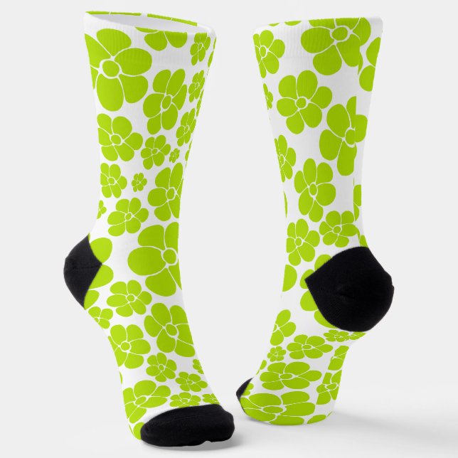Flower Pattern in Lime Green and White  Socks (Angled)