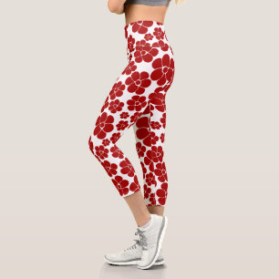 Flower Pattern in Red and White Capri Leggings