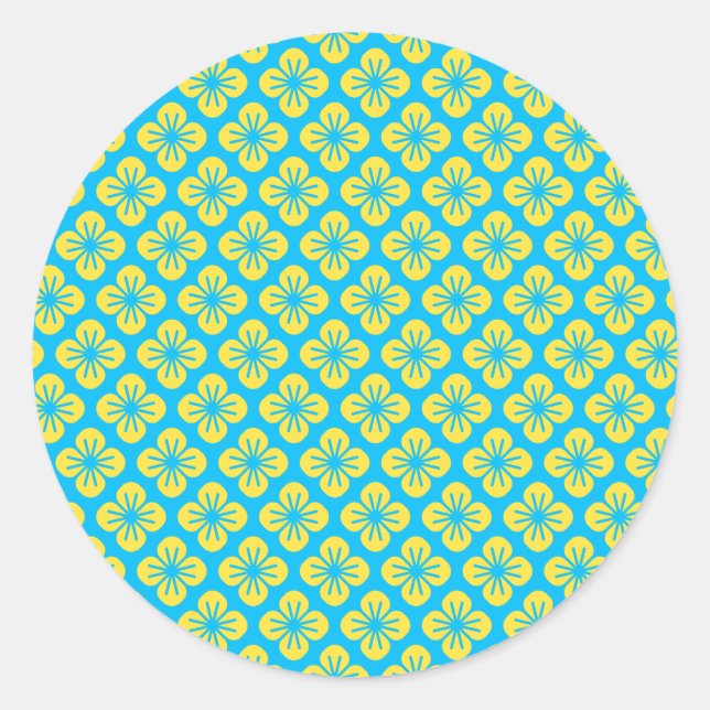 Flower Pattern in Yellow and Turquoise Classic Round Sticker (Front)