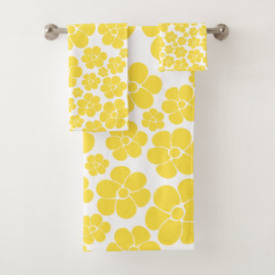Flower Pattern - Lemon Yellow and White Bath Towel Set