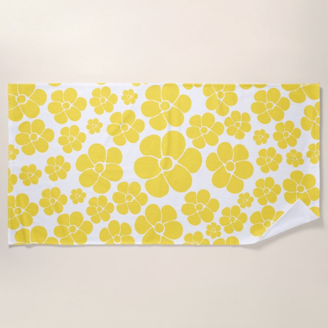 Flower Pattern - Lemon Yellow and White  Beach Towel (Front)