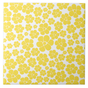 Flower Pattern - Lemon Yellow and White Ceramic Tile