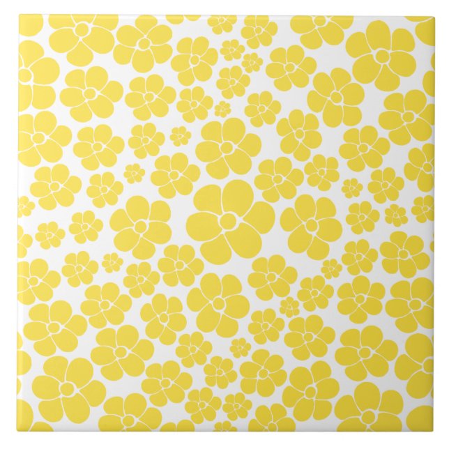 Flower Pattern - Lemon Yellow and White  Ceramic Tile (Front)