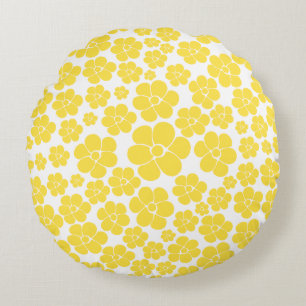 Flower Pattern - Lemon Yellow and White Round Cushion