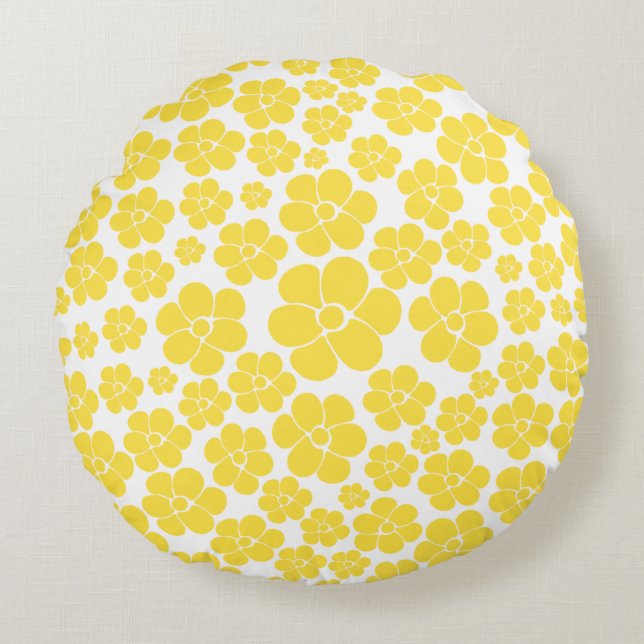 Flower Pattern - Lemon Yellow and White Round Cushion (Front)