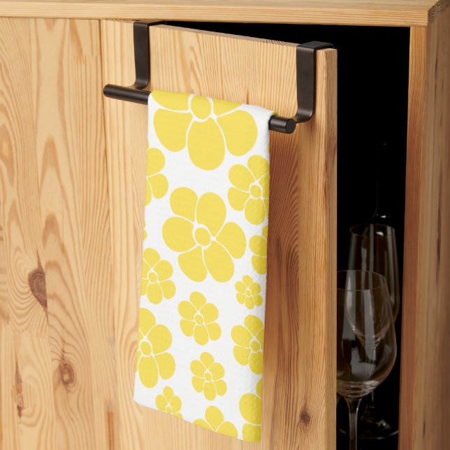 Flower Pattern - Lemon Yellow and White Tea Towel (Thirds Fold)