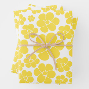 Flower Pattern - Lemon Yellow and White Wrapping Paper Sheet