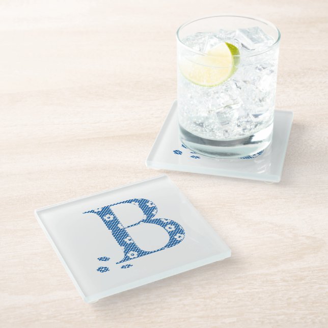 Flower Pattern Letter B(blue) Glass Coaster (Angled)